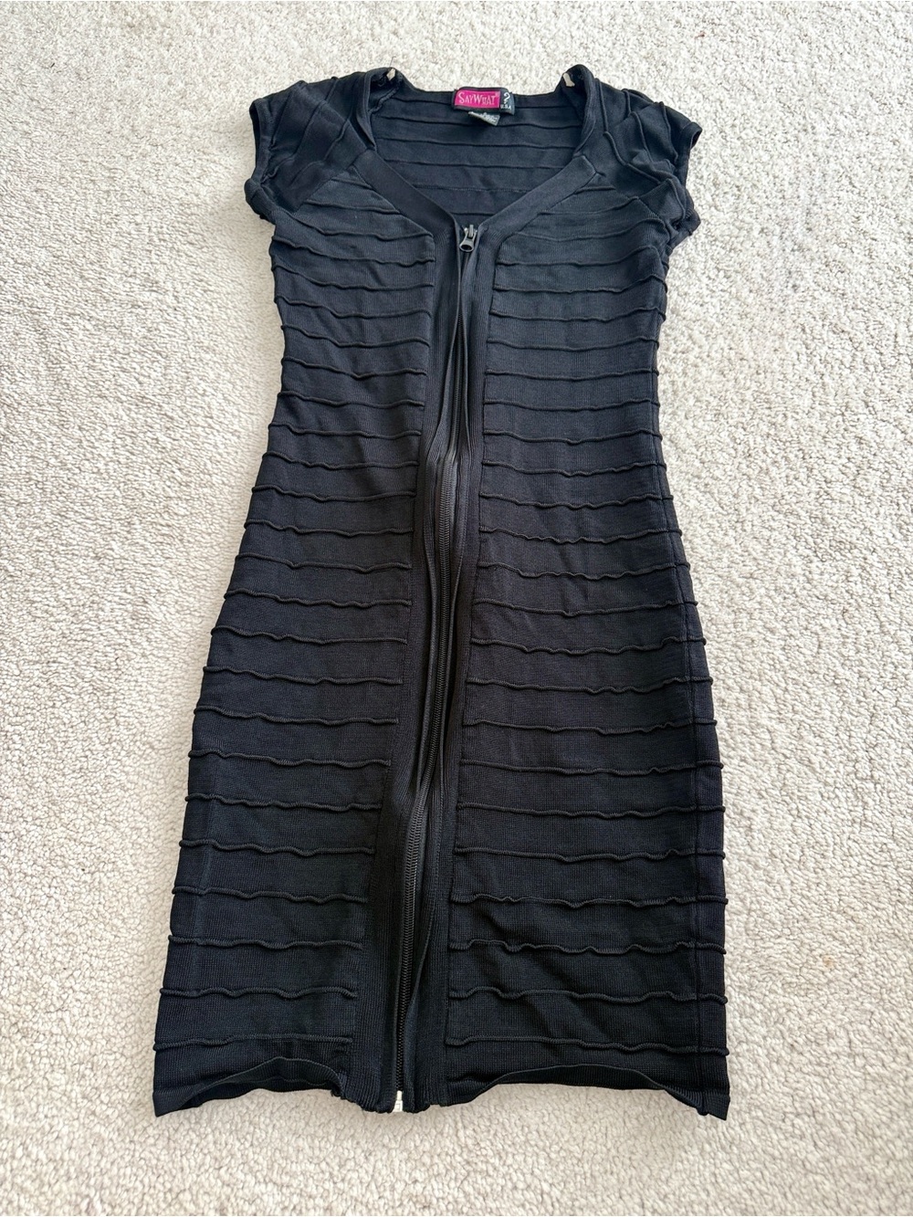 Black Ribbed Zip-Front Mini BodyCon Dress - Picture 1 of 5